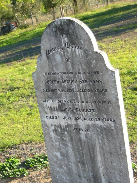 (husband and father) Jurgen August STEFFENS  | 15 Nov 1926, aged 56  | (daughter and sister) Louise SCHULTZ  | 2 Jul 1926 aged 34  | Plainland Lutheran Cemetery, Laidley Shire  | 