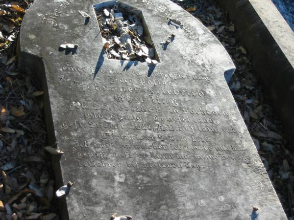 Johannes Friedrich GOSSLING  | geb 25 Feb 1838 in Bockborn, Oldenburg, Deutschland  | gest 29 Jan? 1917 in Plainland  | Plainland Lutheran Cemetery, Laidley Shire  | 