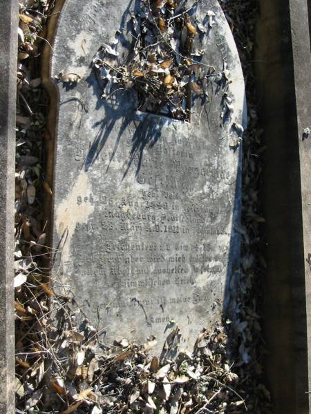 Helene Marie Margarethe GOSSLING (geb Veit?),  | geb 25 Aug 1849 in Leitzbau bei Magdeberg, Deutsland  | gest 28 Marz 1911 in Plainland  | Plainland Lutheran Cemetery, Laidley Shire  | 