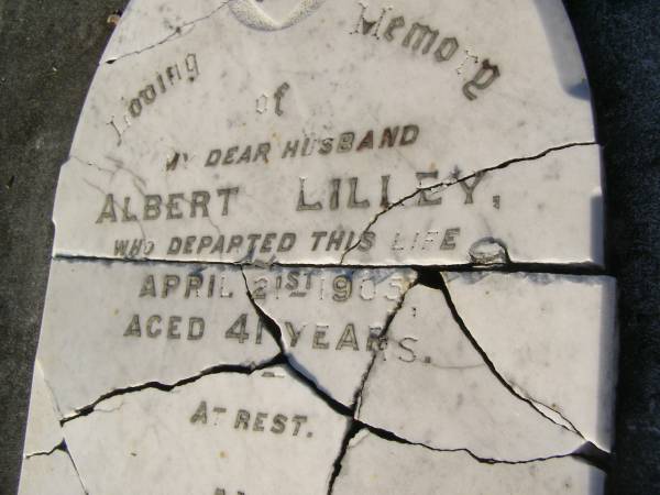 Albert LILLEY,  | husband,  | died 21 April 1905 aged 41 years;  | Amy Jane LILLEY,  | died 20? June 1923 aged 60 years;  | V.F. LOWE,  | killed aircraft accident England 19-9-43;  | Polson Cemetery, Hervey Bay  | 