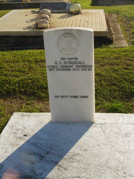 G.S. SCOUGALL,  | died 31 Dec 1945 aged 65 years;  | Polson Cemetery, Hervey Bay  | 