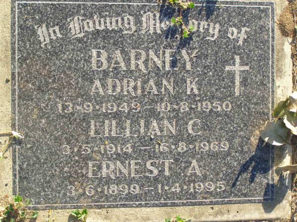 Adrian K. BARNEY,  | 13-9-1949 - 10-8-1950;  | Lillian C. BARNEY,  | 3-5-1914 - 16-8-1969;  | Ernest A. BARNEY,  | 3-6-1899 - 1-4-1995;  | Polson Cemetery, Hervey Bay  | 
