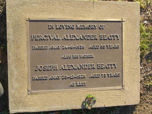 Percival Alexander BEATTY,  | died 24-6-1938 aged 55 years;  | Joseph Alexander BEATTY,  | died 25-12-1928 aged 73 years;  | Polson Cemetery, Hervey Bay  | 