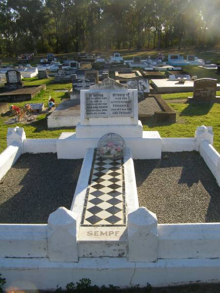 Johanna SEMPF,  | wife mother,  | died 18 July 1938 aged 70 years;  | Frederick,  | husband,  | died 14 May 1948 aged 79 years;  | Polson Cemetery, Hervey Bay  | 