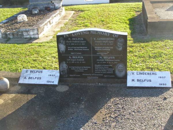 Charles Frederick BELFUS,  | 6-3-1920 - 2-3-1937 aged 17 years,  | son of Carl & Mathilde BELFUS;  | Carl August BELFUS,  | 11-2-1871 - 19-9-1954 aged 83 years,  | husband of Mathilde,  | father of Charles & Friedericka;  | Veronica Sibylle Agnes LINDEBERG,  | 16-5-1915 - 8-10-1937 aged 22 years,  | daughter of Arthur & Mathilde LINDEBERG;  | Mathilde Wilhelmine Louisa BELFUS,  | 29-4-1879 - 14-6-1950 aged 71 years,  | daughter of Henry & Wilhelmine PROVE,  | wife of Arthur LINDEBERG & Carl BELFUS,  | mother of 9 children;  | Polson Cemetery, Hervey Bay  |   | 