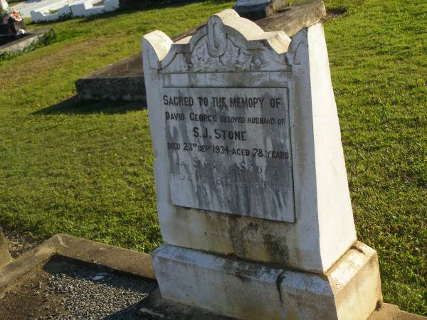 David George,  | husband of S.J. STONE,  | died 23 Sept 1934 aged 78 years;  | Sarah J. STONE,  | died 8 Mar 1939 aged 85 years;  | Polson Cemetery, Hervey Bay  | 