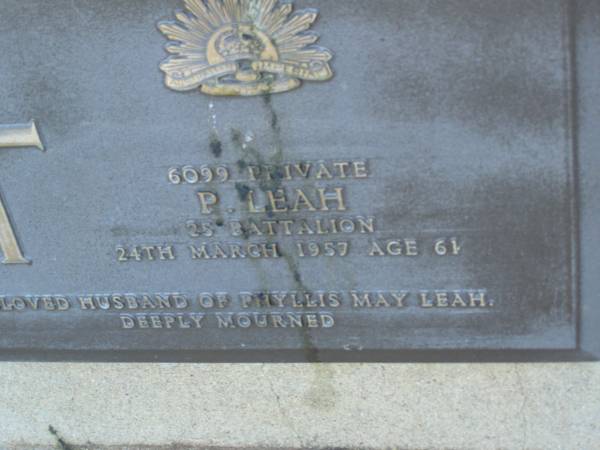 P. LEAH,  | died 24 March 1957 aged 61 years,  | husband of Phyllis May LEAH;  | Polson Cemetery, Hervey Bay  | 