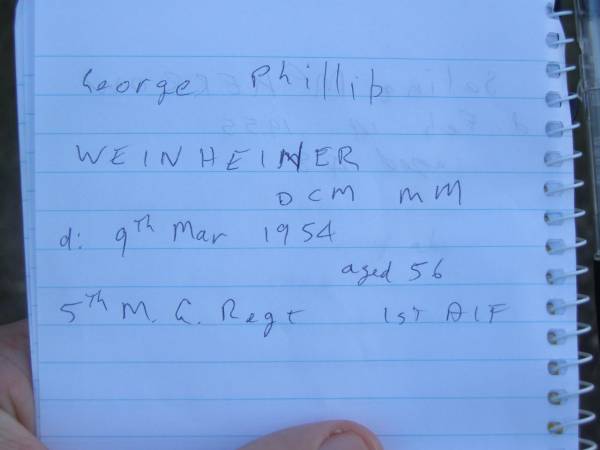 George Phillip WEINHEINER,  | died 9 March 1954 aged 56 years;  | Polson Cemetery, Hervey Bay  | 
