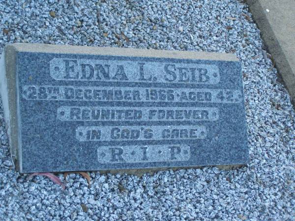 E.C. SEIB,  | died 30 Aug 1962 aged 42 years,  | missed by wife, son & daughter;  | Edna L. SEIB,  | died 28 Dec 1966 aged 42 years;  | Polson Cemetery, Hervey Bay  | 