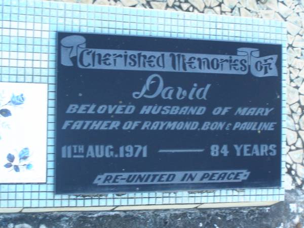 David MCLACHLAN,  | died 11 Aug 1971 aged 84 years,  | husband of Mary,  | father of Raymond, Bon & Pauline;  | Mary,  | wife of David MCLACHAN,  | died 18 Dec 1965 aged 73 years;  | mother of Raymond, Bon & Pauline;  | Polson Cemetery, Hervey Bay  | 