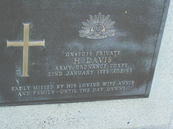H. DAVIS,  | died 22 Jan 1966 aged 63 years,  | wife Annie;  | Polson Cemetery, Hervey Bay  | 
