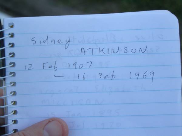 Sidney ATKINSON,  | 12 Feb 1907 - 16 Sept 1969;  | Polson Cemetery, Hervey Bay  | 