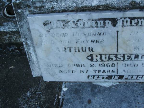 Arthur RUSSELL,  | husband father,  | died 2 April 1968 aged 87 years;  | Amelia Jane RUSSELL,  | wife mother,  | died 28 Sept 1979 aged 95 years;  | Polson Cemetery, Hervey Bay  | 