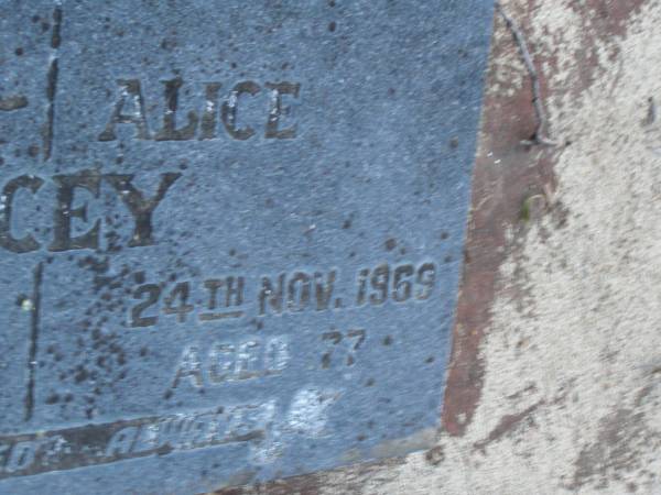 Solomon James (Jim) LACEY,  | died 15 July 1966 aged 79 years;  | Alice LACEY,  | died 24 Nov 1969 aged 77 years;  | Polson Cemetery, Hervey Bay  | 