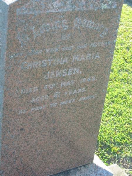 Christina Maria JENSEN,  | wife mother,  | died 5 May 1943 aged 81 years;  | Polson Cemetery, Hervey Bay  | 
