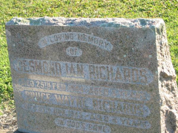 Desmond Ian RICHARDS,  | died 25 Feb 1944 aged 5 years;  | Bruce Wayne RICHARDS,  | died 25 June 1945 aged 4 years;  | Polson Cemetery, Hervey Bay  | 