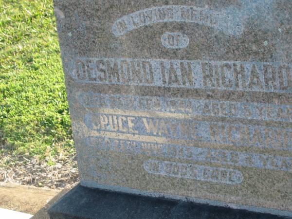 Desmond Ian RICHARDS,  | died 25 Feb 1944 aged 5 years;  | Bruce Wayne RICHARDS,  | died 25 June 1945 aged 4 years;  | Polson Cemetery, Hervey Bay  | 