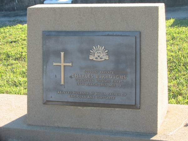 Charles BURROUGHS,  | died 19 March 1955 aged 78 years,  | husband of Hilda,  | father of Eric, Cora & Constance;  | Hilda,  | wife of C. BURROUGHS,  | died 8 Jan 1956 aged 69 years;  | Polson Cemetery, Hervey Bay  | 