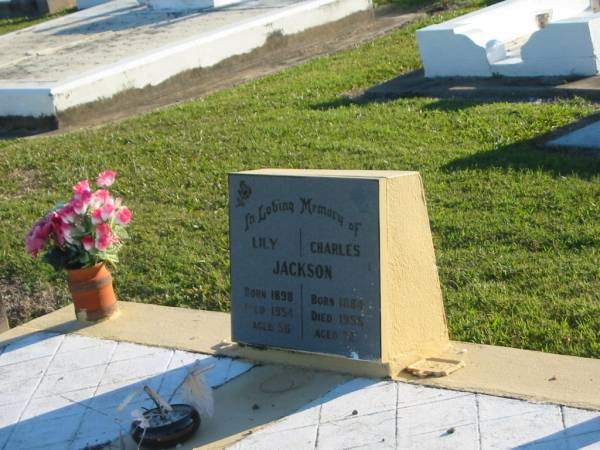 Lily JACKSON,  | born 1898,  | died 1954 aged 56 years;  | Charles JACKSON,  | born 1883,  | died 1956 aged 72 years;  | Polson Cemetery, Hervey Bay  | 