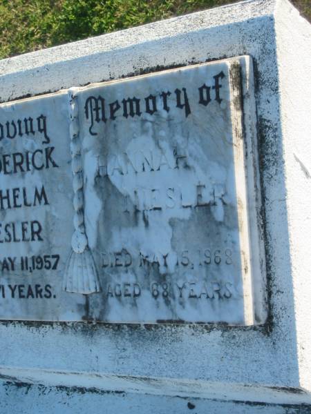 Frederick Wilhelm NIESLER,  | died 11 May 1957 aged 71 years;  | Hannah NIESLER,  | died 15 May 1968 aged 68 years;  | Polson Cemetery, Hervey Bay  | 