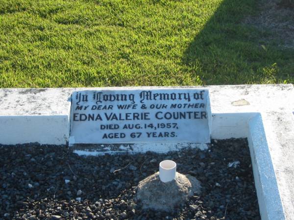 Cecil John COUNTER,  | died 31 Aug 1876 aged 86 years;  | Valerie COUNTER,  | wife mother,  | died 14 aug 1957 aged 67 years;  | Polson Cemetery, Hervey Bay  | 