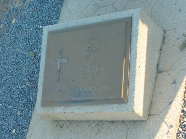 Harold Gilbert BARTON,  | husband of Dorothy,  | father,  | died 22 June 1961 aged 70 years;  | Dorothy BARTON,  | died 1 June 1987 aged 91 years;  | Polson Cemetery, Hervey Bay  | 