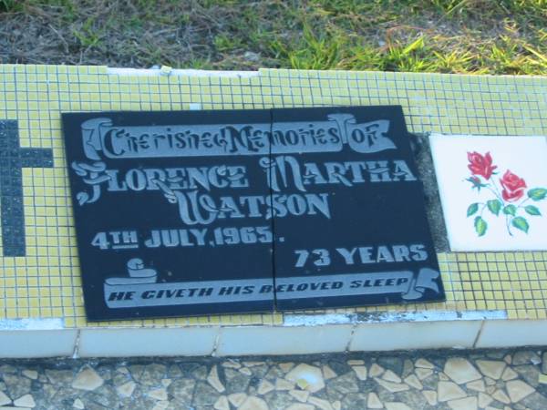Florence Martha WATSON,  | died 4 July 1965 aged 73 years;  | Polson Cemetery, Hervey Bay  | 