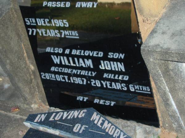 Patrick John BUCKLEY,  | died 5 Dec 1965 aged 77 years 7 months;  | William John,  | son,  | accidentally killed 20 Oct 1967 aged 20 years 6 months;  | Gladys,  | wife,  | died 16 May 1977 aged 68 years 7 months;  | Polson Cemetery, Hervey Bay  | 
