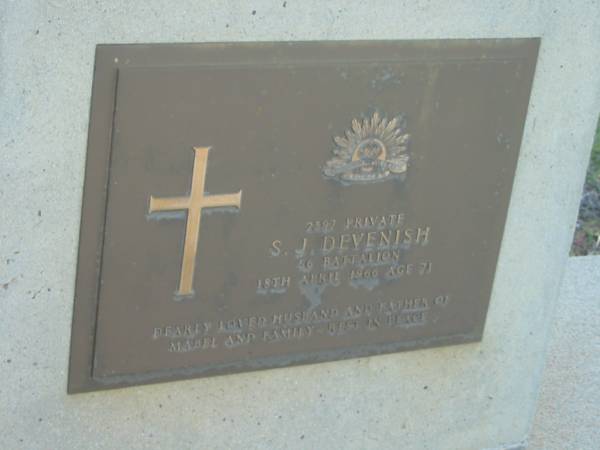 S.J. DEVENISH,  | died 18 April 1966 aged 71 years,  | husband father of Mabel & family;  | Polson Cemetery, Hervey Bay  | 