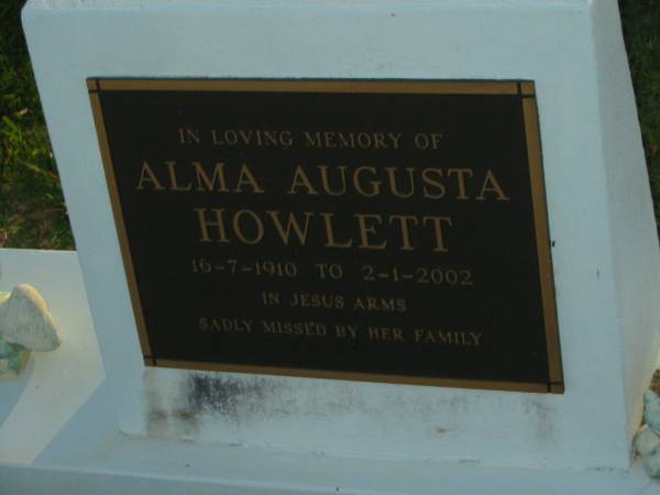Alma Augusta HOWLETT,  | 16-7-1910 - 2-1-2002;  | Polson Cemetery, Hervey Bay  | 