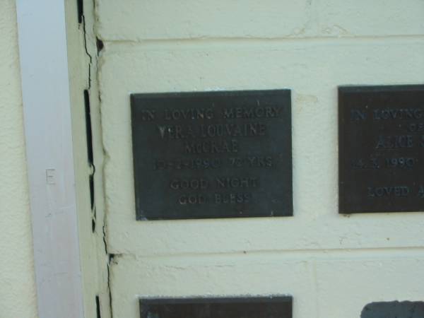 Vera Louvaine MCCRAE,  | died 10-2-1990 aged 72 years;  | Polson Cemetery, Hervey Bay  | 