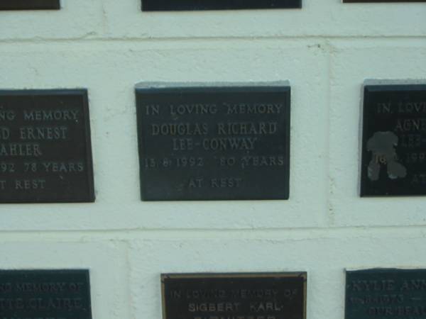 Douglas Richard LEE-CONWAY,  | died 13-8-1992 aged 80 years;  | Polson Cemetery, Hervey Bay  | 