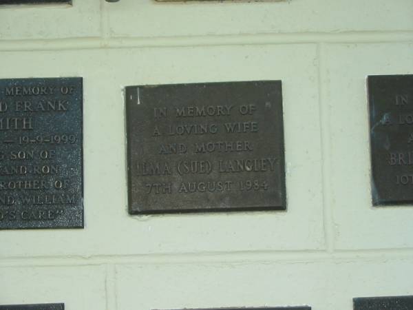 Ilma (Sue) LANGLEY,  | wife mother,  | died 7 Aug 1984;  | Polson Cemetery, Hervey Bay  | 