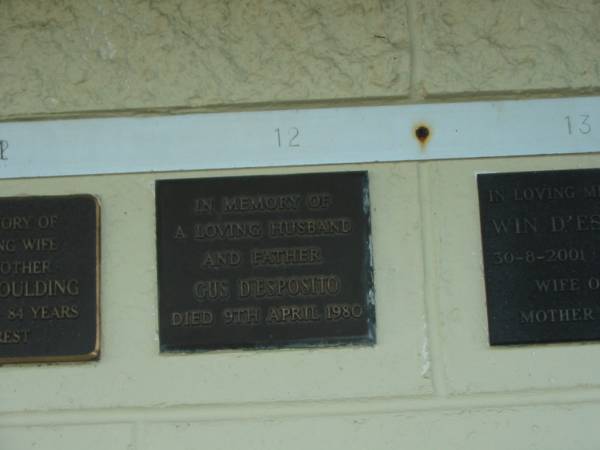 Gus D'ESPOSITO,  | husband father,  | died 9 April 1980;  | Polson Cemetery, Hervey Bay  | 