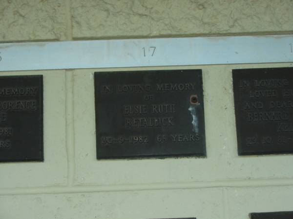 Elsie Ruth RETALLICK,  | died 30-9-1982 aged 68 years;  | Polson Cemetery, Hervey Bay  | 