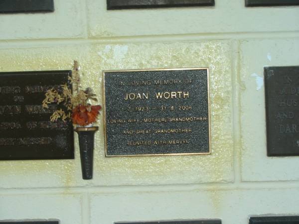 Joan WORTH,  | 1-7-1923 - 31-8-2006,  | wife mother grandmother great-grandmother,  | reunied with Mervyn;  | Polson Cemetery, Hervey Bay  | 