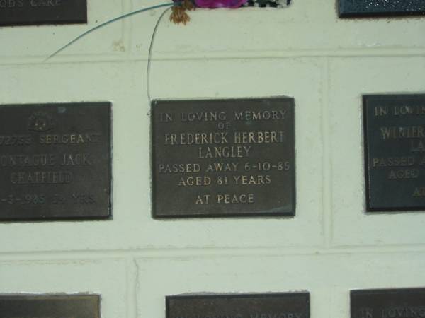 Frederick Herbert LANGLEY,  | died 6-10-85 aged 81 years;  | Polson Cemetery, Hervey Bay  | 