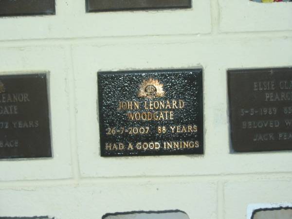 John Leonard WOODGATE,  | died 26-7-2007 aged 88 years;  | Polson Cemetery, Hervey Bay  | 