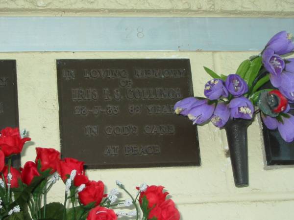 Iris I.S. COLLINGS,  | died 28-7-83 aged 69 years;  | Polson Cemetery, Hervey Bay  | 