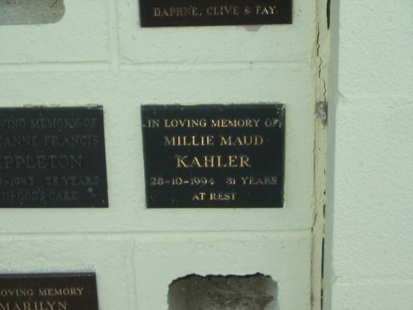 Millie Maud KAHLER,  | died 28-10-1994 aged 81 years;  | Polson Cemetery, Hervey Bay  | 