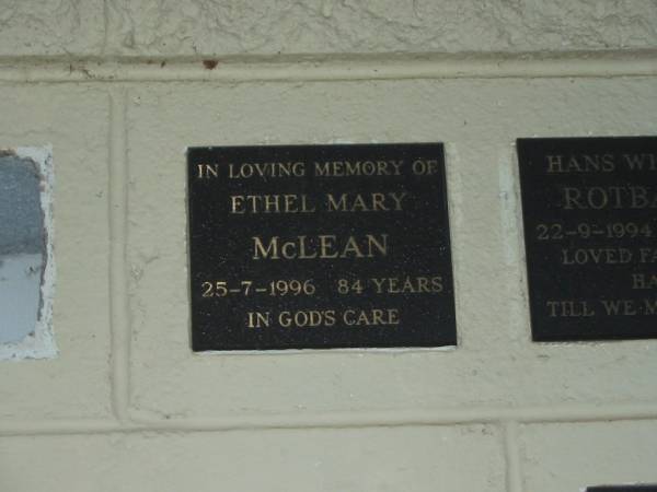 Ethel Mary MCLEAN,  | died 25-7-1996 aged 84 years;  | Polson Cemetery, Hervey Bay  | 