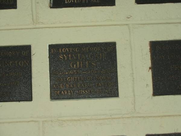 Sylvia Gail GILES,  | 29-6-1953 - 10-8-1997,  | daughter of Norm & Barbara TAYLOR;  | Polson Cemetery, Hervey Bay  | 