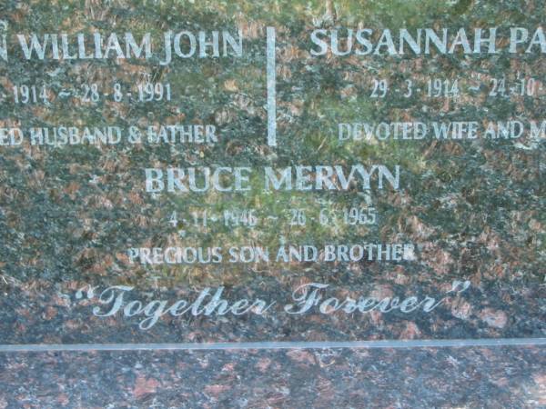 Mervyn William John MCKENZIE,  | 19-3-1914 - 28-8-1991,  | husband father;  | Susannah Patrick MCKENZIE,  | 29-3-1914 - 24-10-2006,  | wife mother;  | Bruce Mervyn MCKENZIE,  | 4-11-1946 - 26-6-1965,  | son brother;  | Polson Cemetery, Hervey Bay  | 