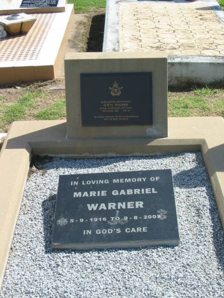 G.W.H. WARNER,  | died 30 June 1998 aged 78 years,  | husband;  | Marie Gabriel WARNER,  | 5-9-1916 - 9-8-2003;  | Polson Cemetery, Hervey Bay  | 