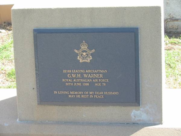 G.W.H. WARNER,  | died 30 June 1998 aged 78 years,  | husband;  | Marie Gabriel WARNER,  | 5-9-1916 - 9-8-2003;  | Polson Cemetery, Hervey Bay  | 