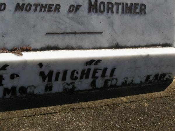 Margaret,  | wife of James MITCHELL,  | mother of Mortimer;  | James MITCHELL,  | died 5 March 1963 aged 83 years;  | Polson Cemetery, Hervey Bay  | 
