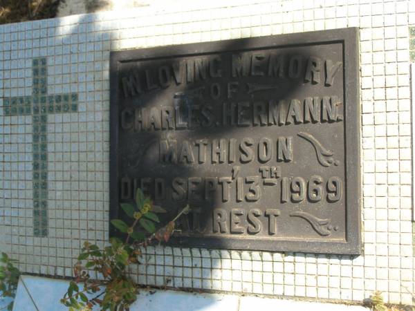 Charles Hermann MATHISON,  | died 13 Sept 1969;  | Ruby Edna May (nee) STEVENSON,  | 25 May 1918 - 13 March 2000,  | wife of Charlie & Valdemar JENSEN,  | mother;  | Polson Cemetery, Hervey Bay  | 