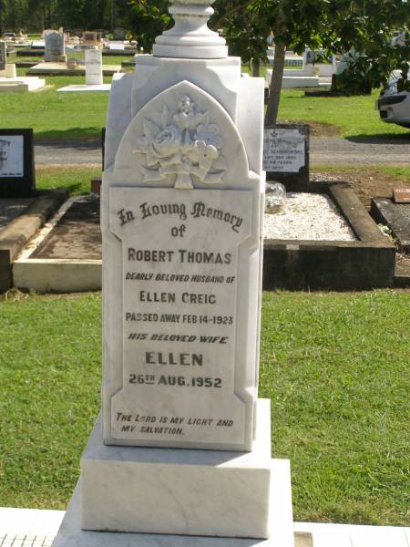 Robert Thomas,  | husband of Ellen GREIG,  | died 14 Feb 1923;  | Ellen,  | wife,  | died 26 Aug 1952;  | Polson Cemetery, Hervey Bay  |   | 