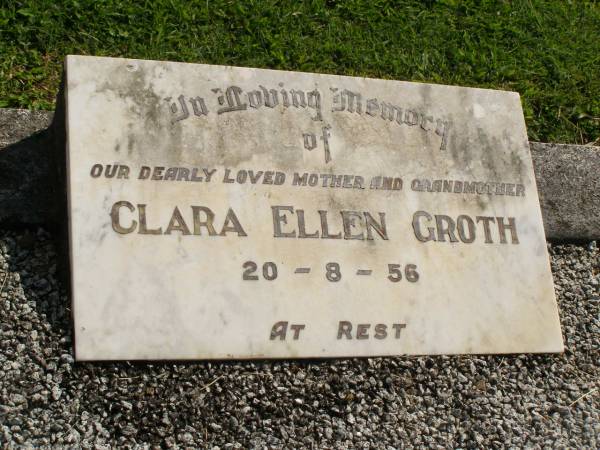 Clara Ellen GROTH,  | mother grandmother,  | died 20-8-56;  | Sophia Beryl GROTH,  | aunt,  | died 15 Jan 1996;  | Polson Cemetery, Hervey Bay  | 