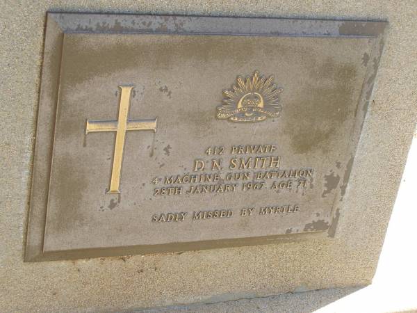 D.N. SMITH,  | died 28 Jan 1967 aged 71,  | missed by Myrtle;  | Polson Cemetery, Hervey Bay  | 